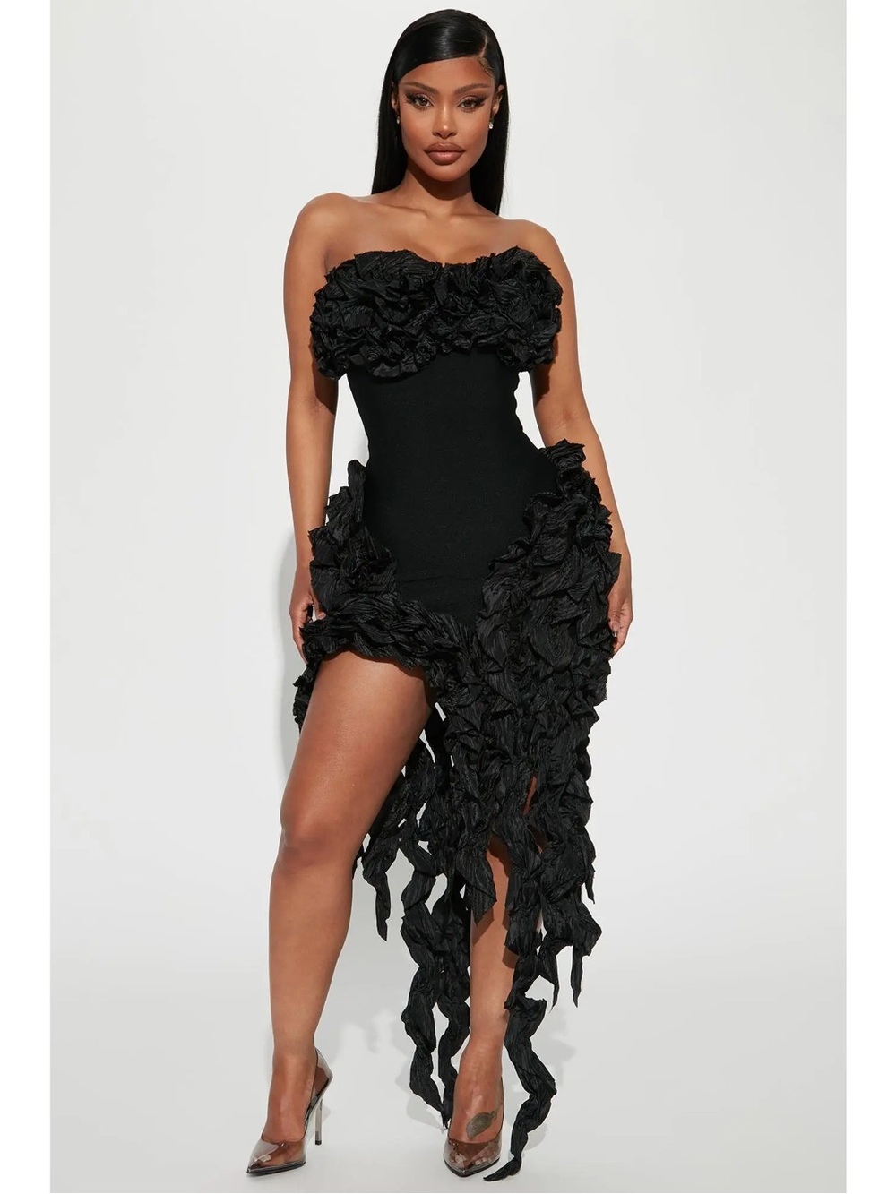 Strapless Black Ruffle Asymmetric Dress
